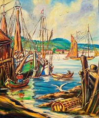 Fishing Village Sailboats Mountains Gulls Nautical for DIGITAL DOWNLOAD U Print