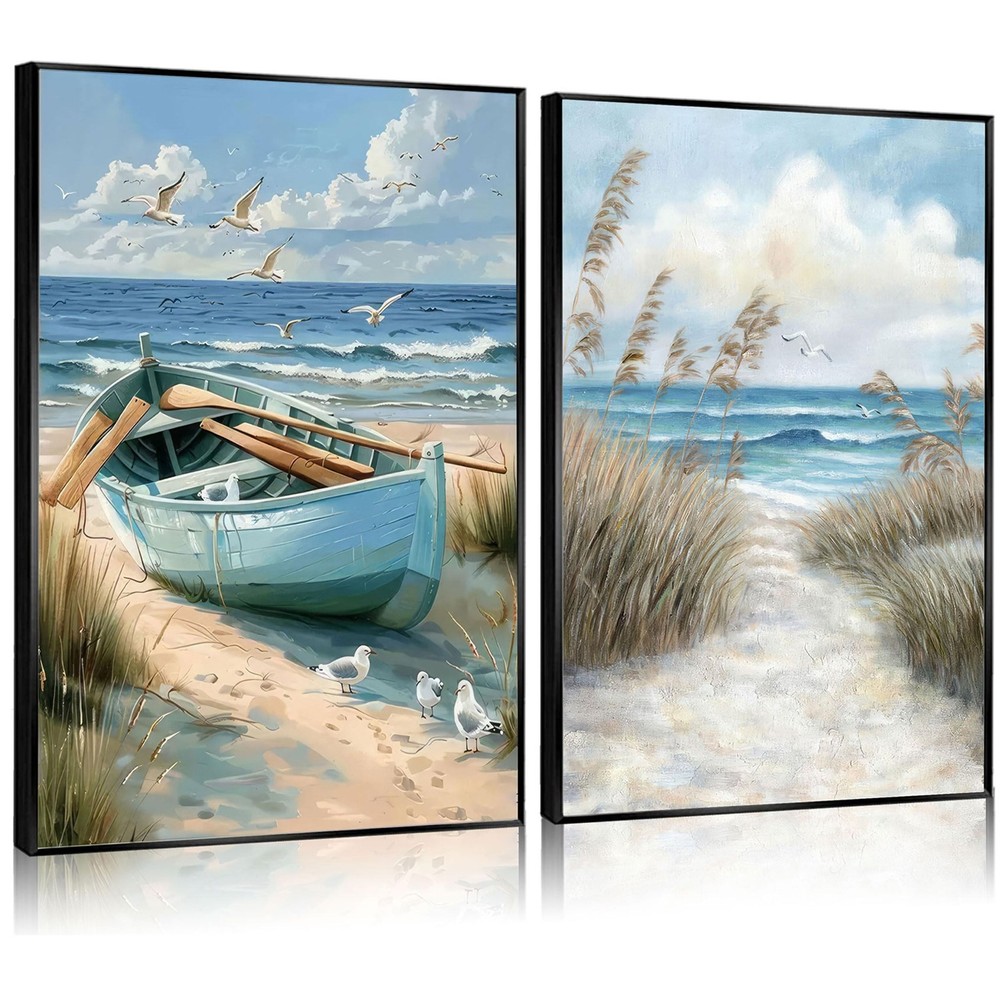 2Pcs Blue Coastal Canvas Wall Art Beach Boat Posters Prints Ocean Seawe and S…