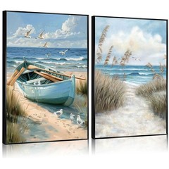 2Pcs Blue Coastal Canvas Wall Art Beach Boat Posters Prints Ocean Seawe and S…