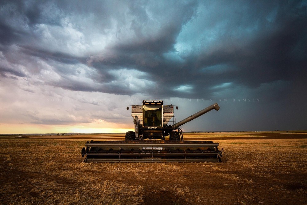 Combine Swather Photography Print: Oklahoma Storm Farm Country Agriculture Photo