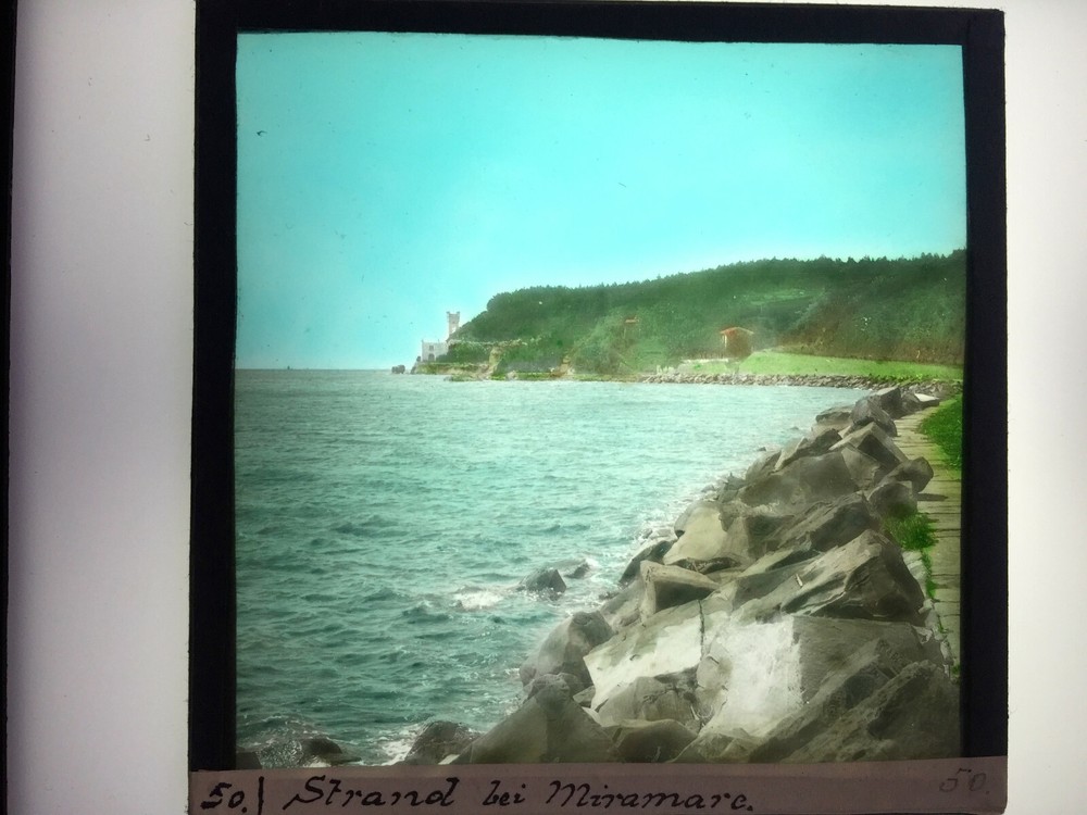 Vintage Glass Slide Photo Plate Beach b.MIRAMARE ITALY ITALY c1906 8×8 HAND COLORED
