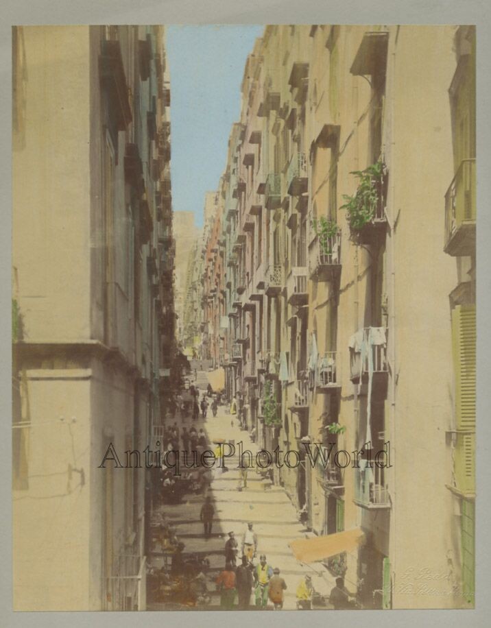 Naples Italy Via Chiaia antique hand tinted albumen art photo