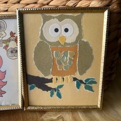Owls Artwork and Vtg Napkin: Framed