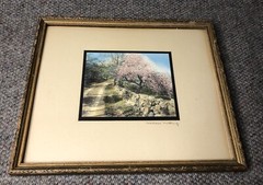VINTAGE SIGNED WALLACE NUTTING HAND COLORED PHOTO DIRT ROAD ROCK WALL BLOSSOMS