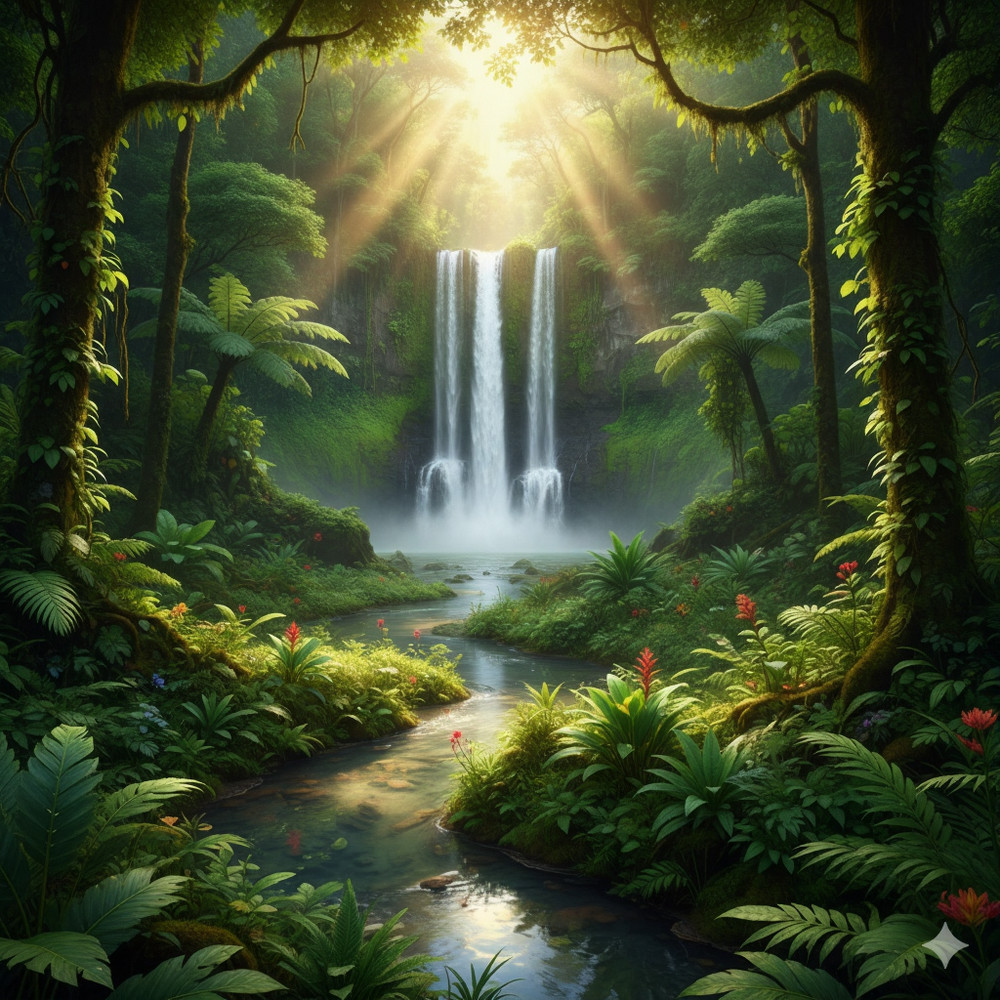 🌿 Green Jungle Waterfall Wall Art – Digital Download | Nature Landscape Canvas