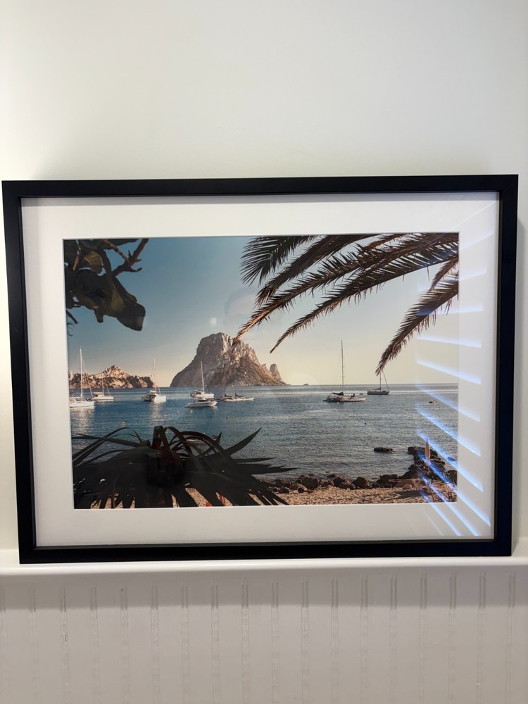 framed photography – beach / sailboats on coast – helm & oar – Es Verda