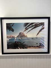 framed photography – beach / sailboats on coast – helm & oar – Es Verda