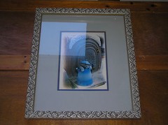 Gray Kitten Photograph w Antique Blue Enamel Coffee Pot Framed in Rose & Leaf