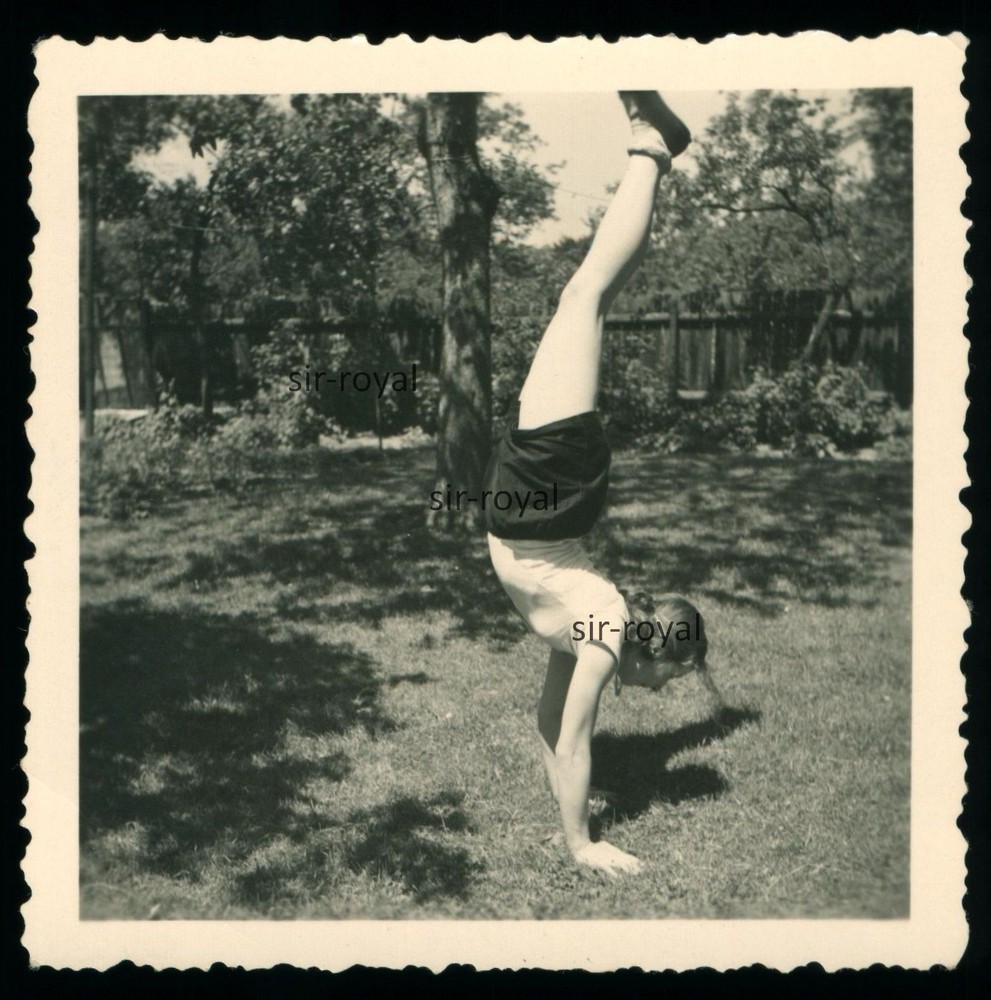 Girl Making Handstand in Garden in Hamburg Blankenese – 1930s – Photo 6x6cm