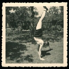 Girl Making Handstand in Garden in Hamburg Blankenese – 1930s – Photo 6x6cm