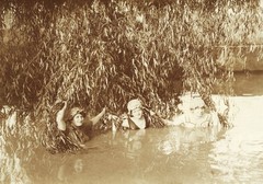 LOT 2x, pretty girls in river, swimsuits, bathing caps, women, water reflection