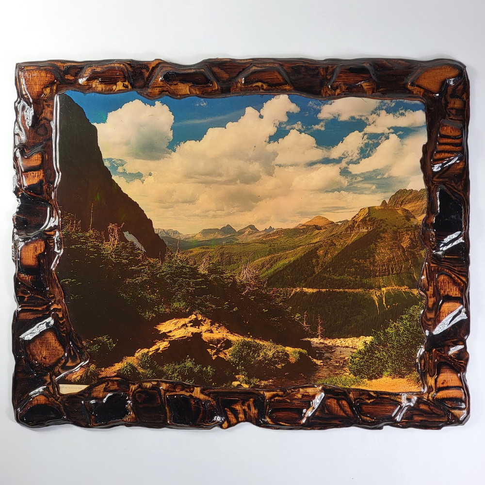 VTG 1970s Era Wooden Resin PLAQUE Photo Glacier National Park 20″x16″ Logan Pass
