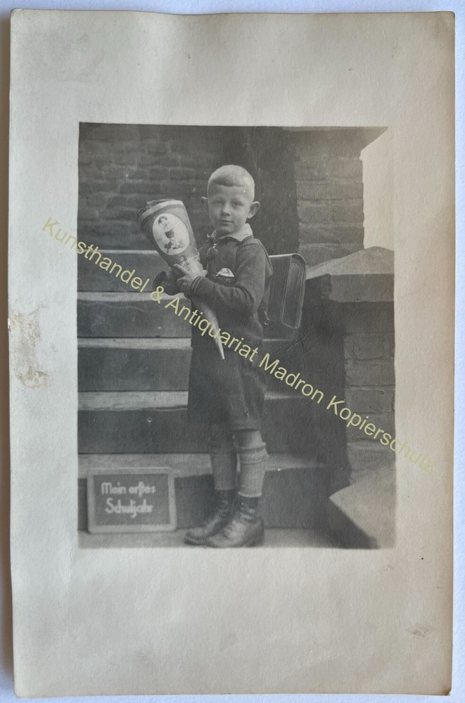 orig. Photo postcard child children fashion around 1920 boy school bag school enrollment