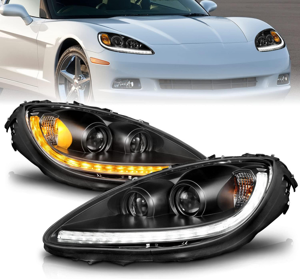 for 2005 06-2013 Chevy Corvette C6 Switchback+Sequential LED DRL Black Projector