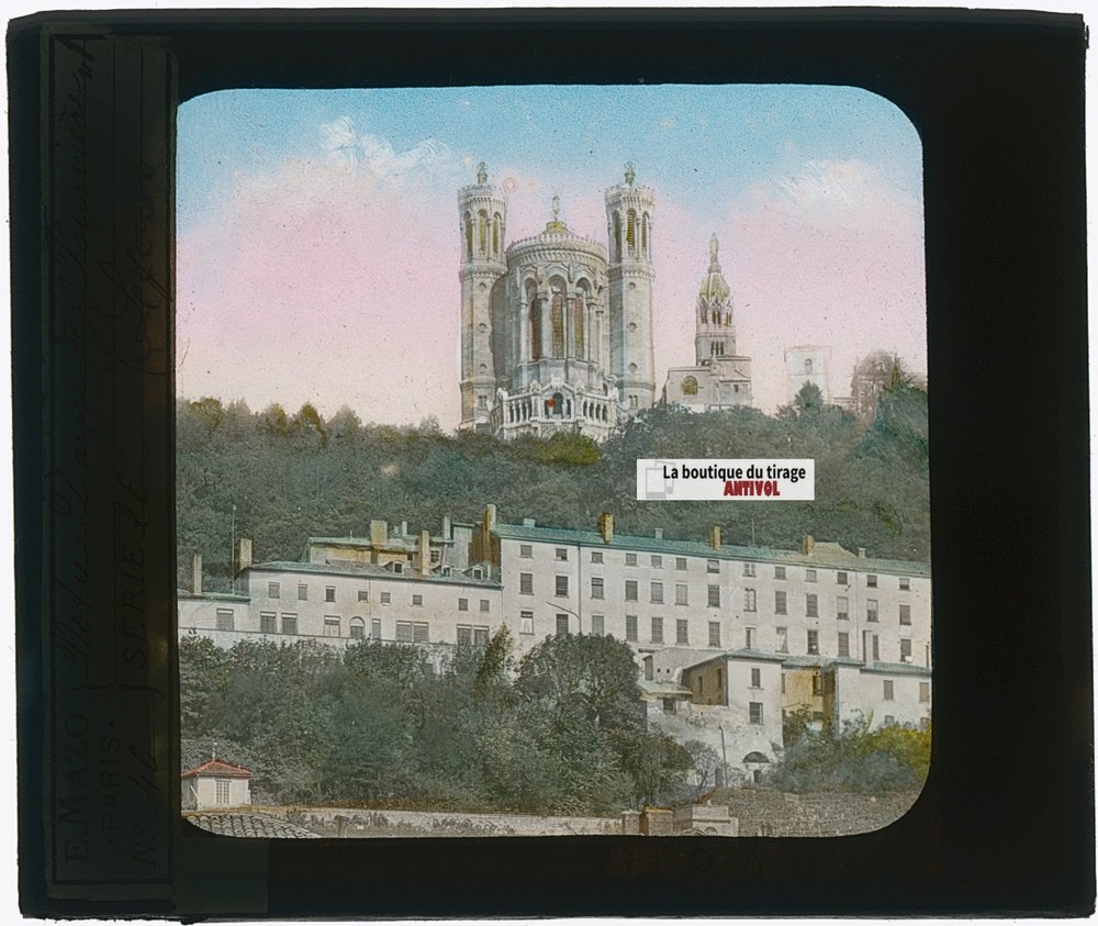 Basilica Notre-Dame de Fourvière Lyon, Antique Glass Color Plaque, 8.5×10 Cm