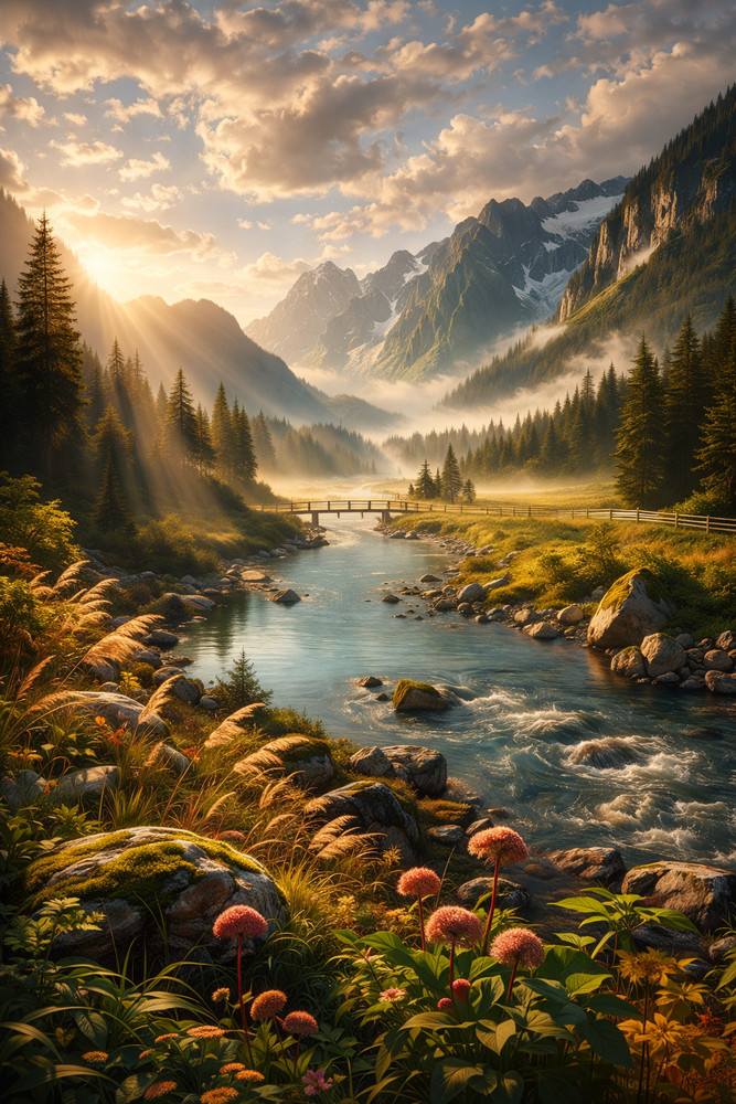 Bridge On The River Wall Art Digital Image AI Photo Background Wallpaper