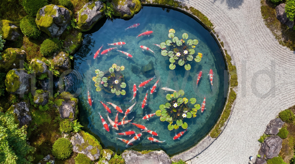 Aerial Koi Pond Digital Image Japanese Zen Garden Water Lilies Fish Wall Art PNG