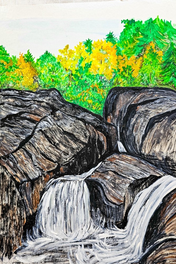 Yellow Aspens & Waterfalls Over Rocks Art Instant DIGITAL Landscape Cottagecore