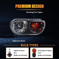 Halogen Headlight Assembly Compatible with Dodge Challenger 2008-2014, Halogen H