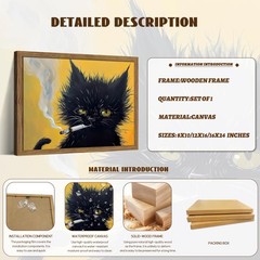 Vintage Framed Black Cat Wall Art, Black Cat Painting Portrait Wall Decor, Me…