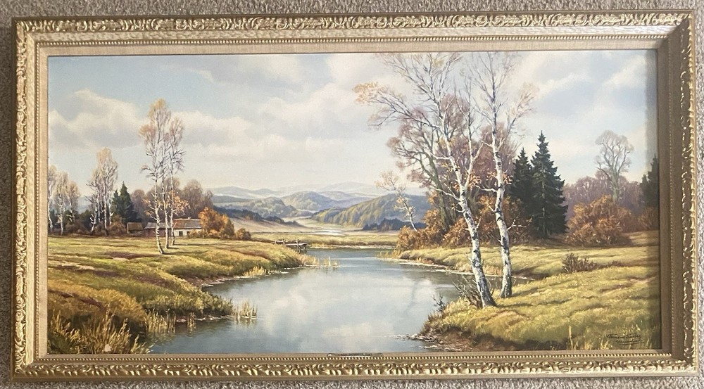 Vintage 22×42 Framed Color Printed Painting Late Summer Day By Clemens Freitag