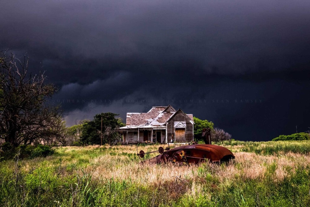 Abandoned Photography Print: Texas House Cotton Gin Stormy Sky Americana Photo