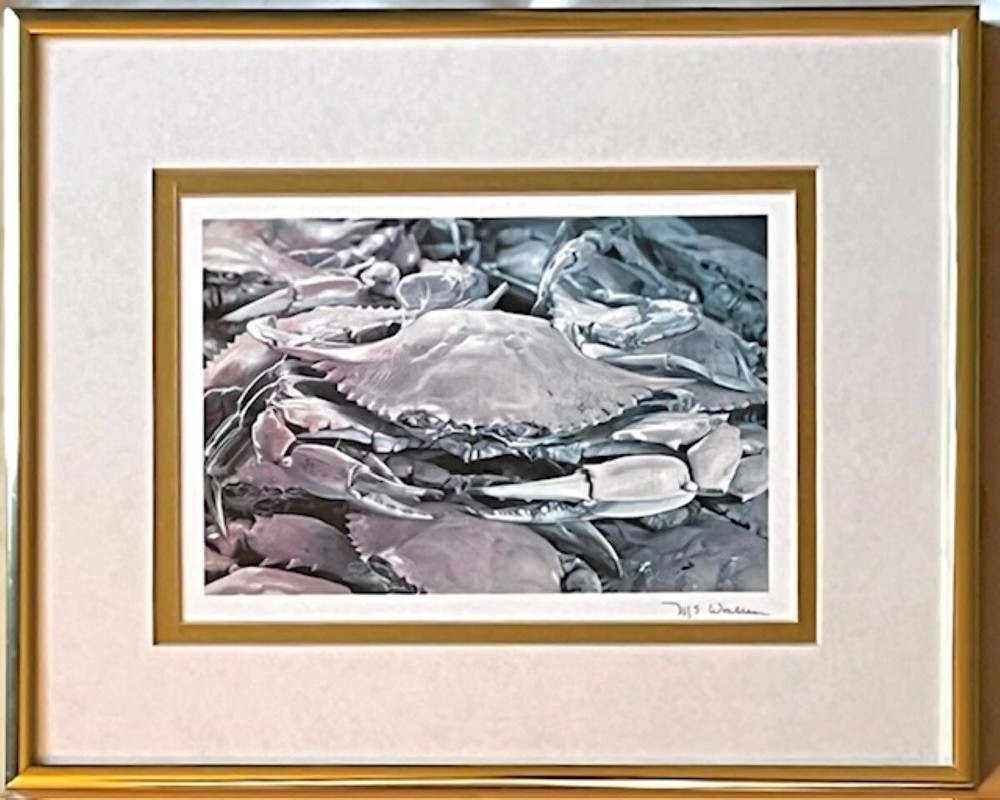 M.E. WARREN, COLOR PHOTOGRAPHIC PRINT BLUE CRAB, SIGNED, FRAMED, MATTED 10X8.5