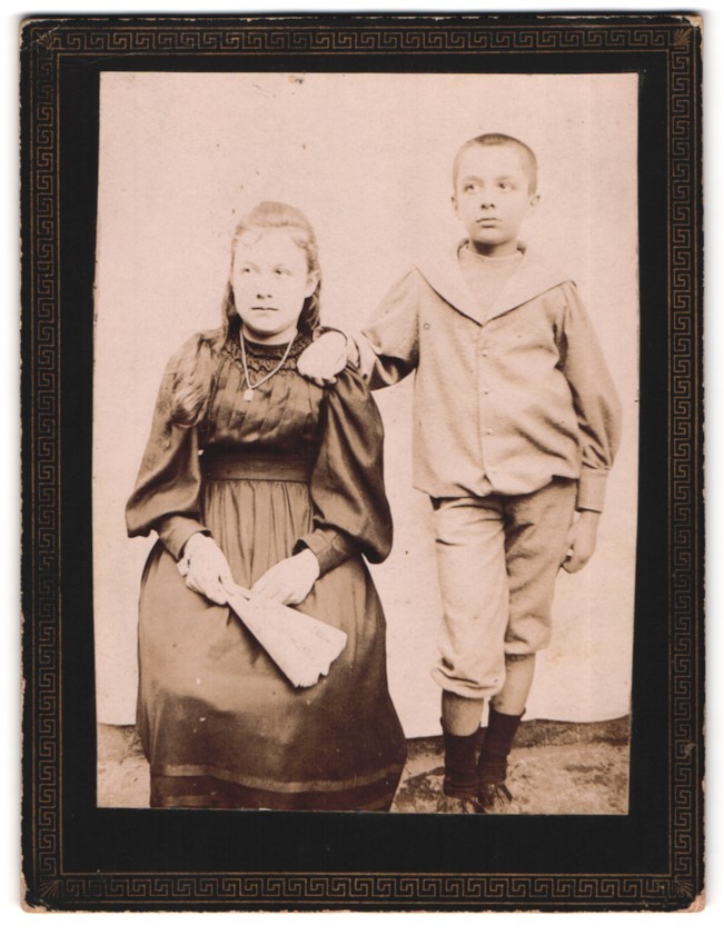 Photograph Portrait Young Girl in Dress with Fan and a Boy