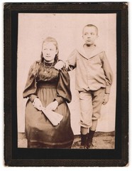 Photograph Portrait Young Girl in Dress with Fan and a Boy