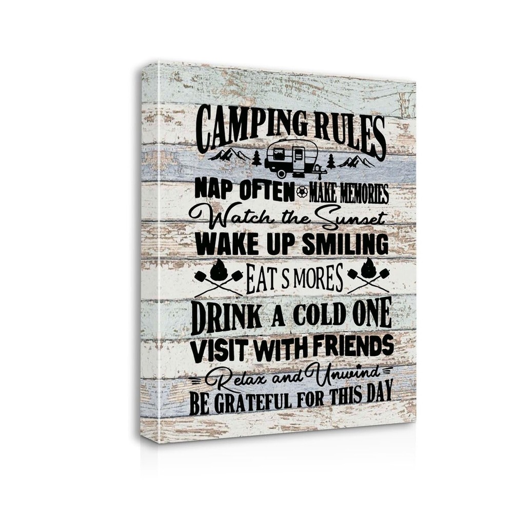 Camping Rules Canvas Wall Art Prints – Framed Artwork Signs for RV Room, Bath…