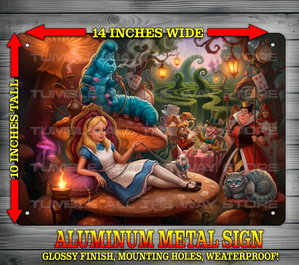 Alice in Wonderland in Chains with Caterpillar Metal Sign Wall Art 10″ x 14″