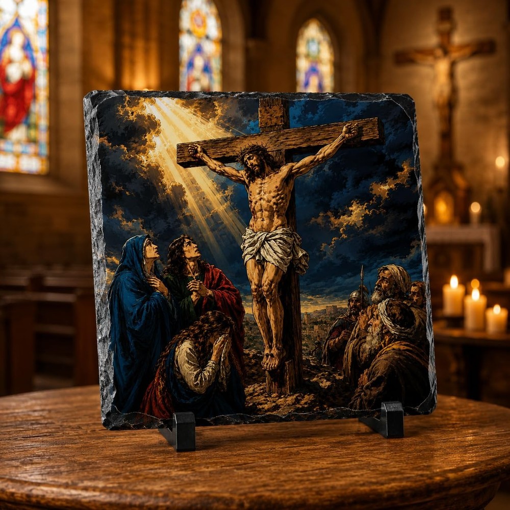 Crucifixion of Jesus Comic Book Style Rock Slate Christian Decor
