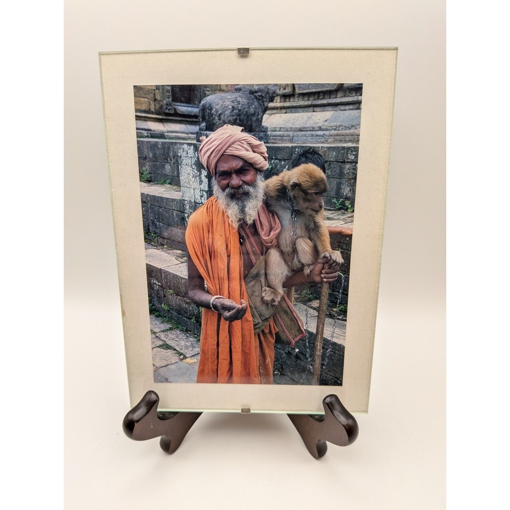 Original 5×7 India Ganges Photograph Man with Monkey Framed Travel Art 1991