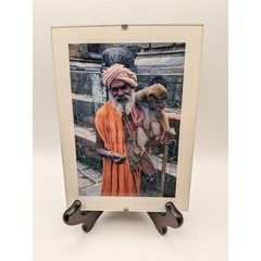 Original 5×7 India Ganges Photograph Man with Monkey Framed Travel Art 1991