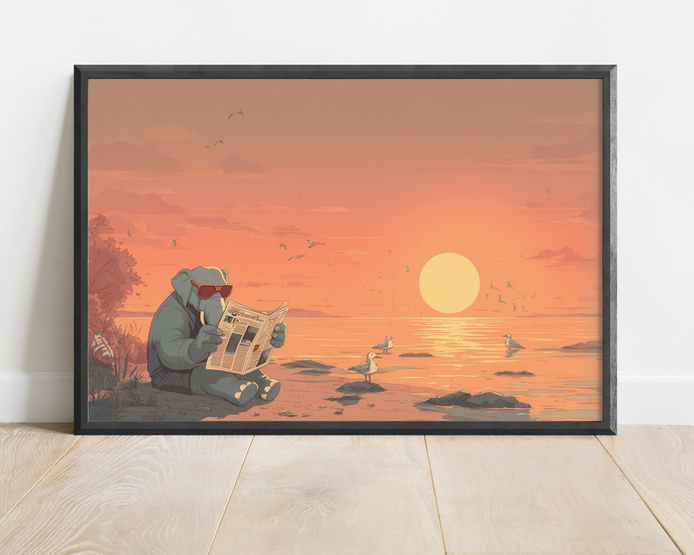 Funny Elephant Poster, Elephant Reading Newspaper on Beach at Sunset Cute Animal