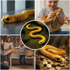 3D Printed Gold Articulated Snake Figure 60cm Desk Decor Fidget