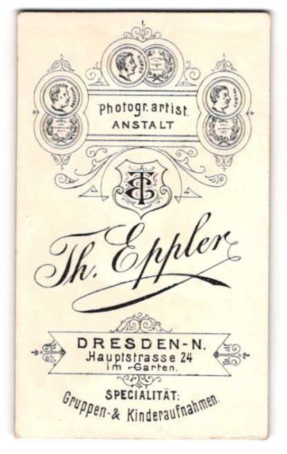 Photograph Th. Eppler, Dresden, monogram of photographer and medals with port