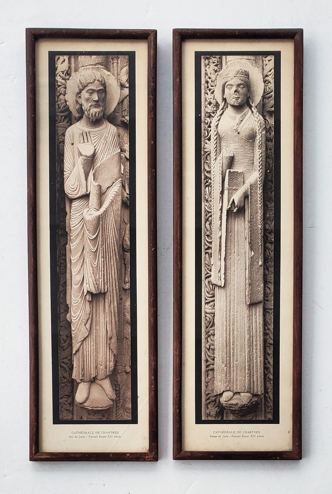 Vintage Pair of Framed Photogravure Prints Chartres Cathedral Sculptural Figures