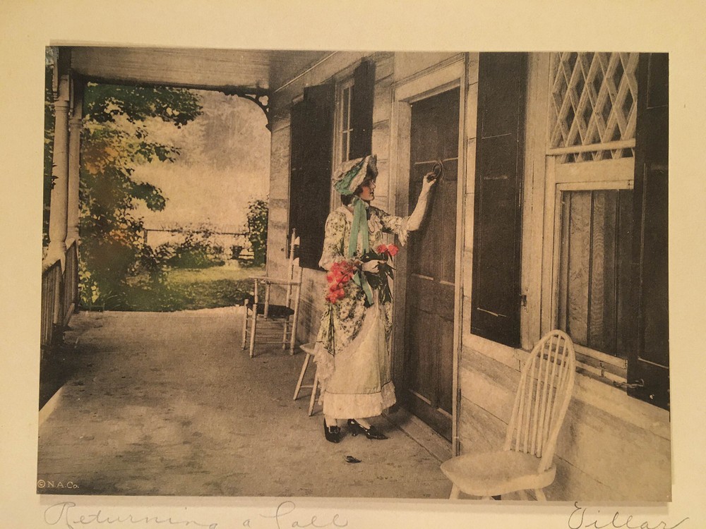 Vtg. VILLAR HAND-COLORED PHOTOGRAPH Returning A Call, Victorian Woman in Bonnet