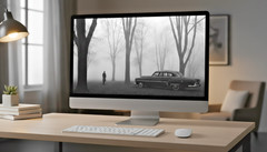 Classic Car Noir B&W Photo Digital Download Vintage 1950s Man Foggy Forest Trees