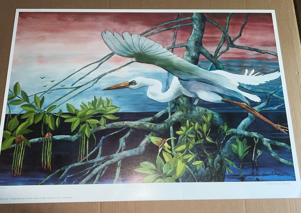 Egret In Flight: Fine Art Print “ Quiet Sunset” Vernon L Good 24.5 X 35” Overall