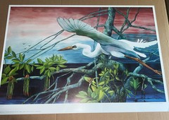 Egret In Flight: Fine Art Print “ Quiet Sunset” Vernon L Good 24.5 X 35” Overall
