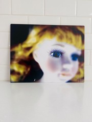 Surreal Photograph Art of Blonde Doll with Blue Eyes, Pop Art, Barbie Face Close