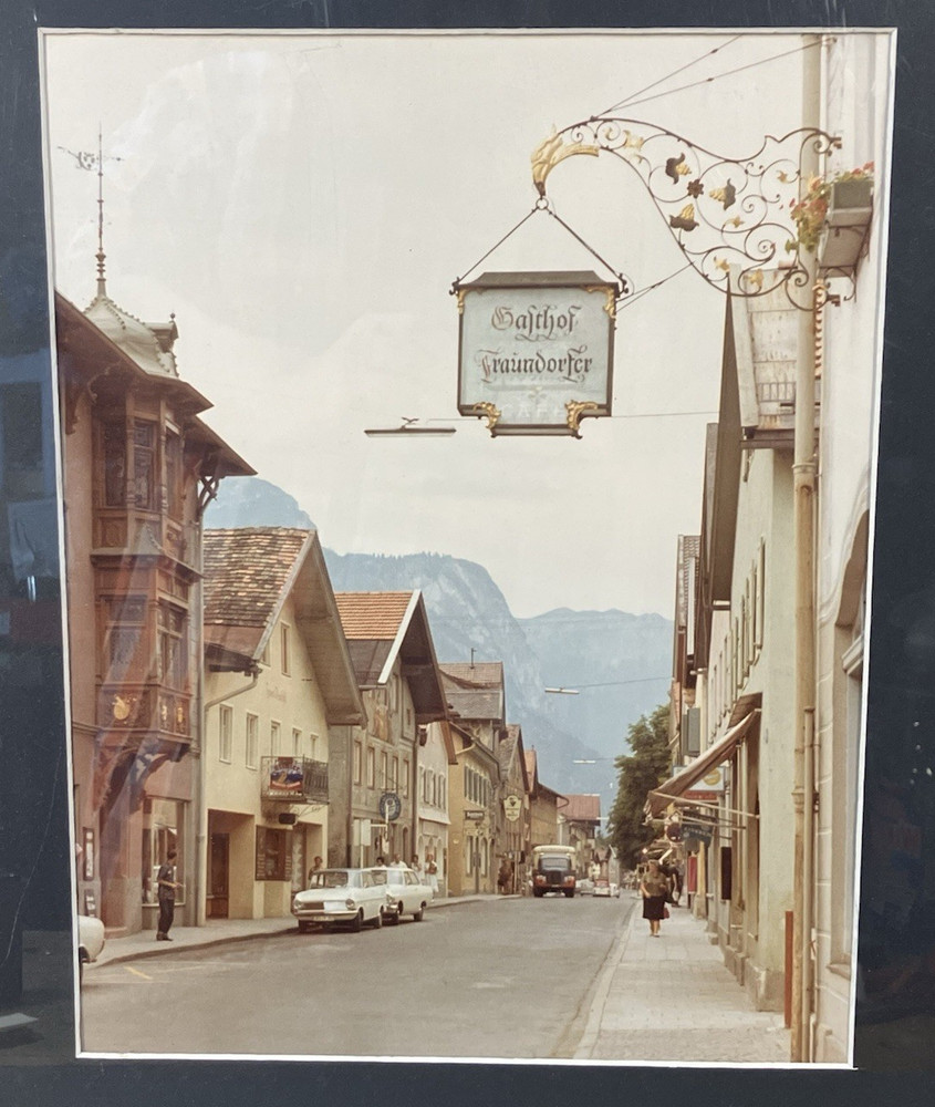 1960s Meiringen Switzerland Framed color photo street scene Gasthof Traundorfer