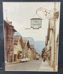 1960s Meiringen Switzerland Framed color photo street scene Gasthof Traundorfer