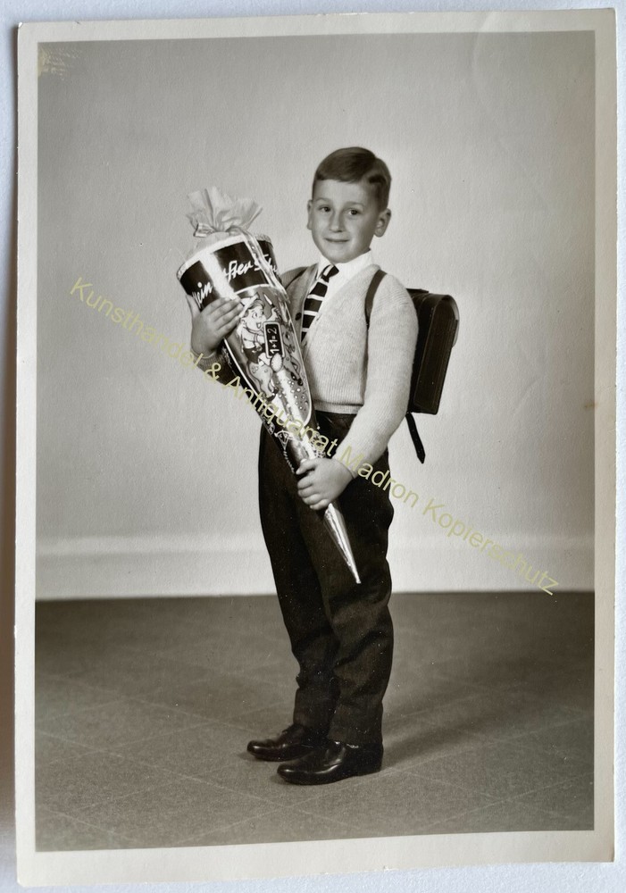 orig. Photo postcard child children fashion around 1960 school bag boy enrolment school