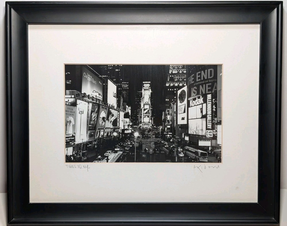 Signed Framed Black White Times Square NYC Photograph Wall Art 16×13