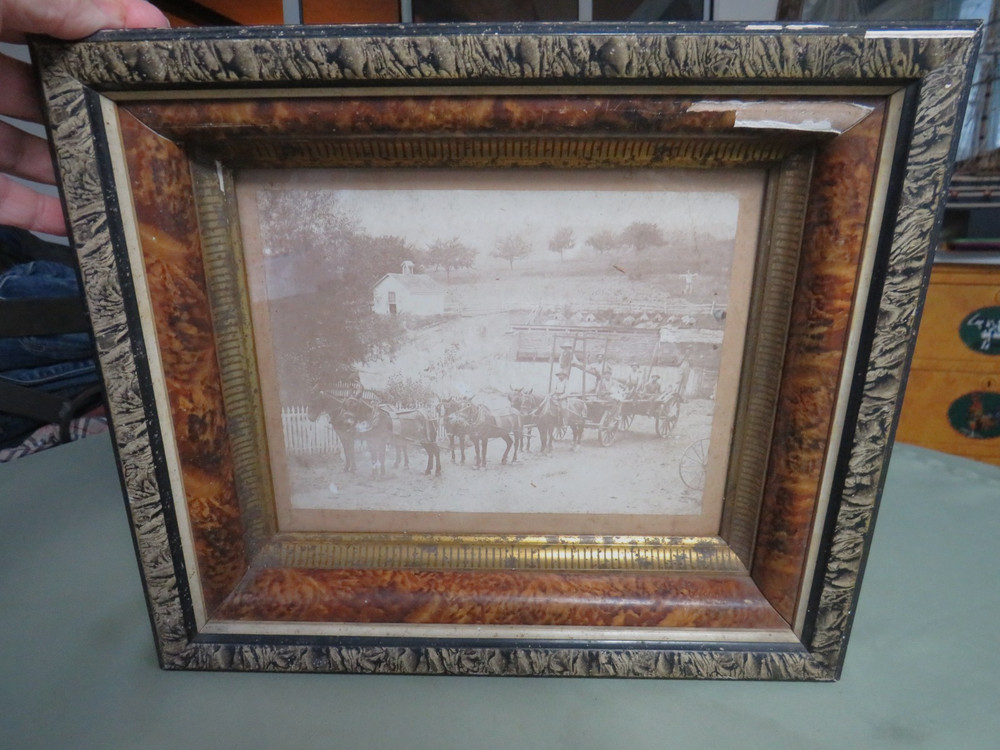 ANTIQUE 1800s REAL WESTERN AMERICANA ORIGINAL FARM WAGON SCENE FRAMED PHOTOGRAPH