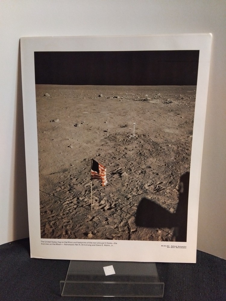 1969 NASA Moon Landing Photo US Flag and Footprints Apollo 11 Historic Print