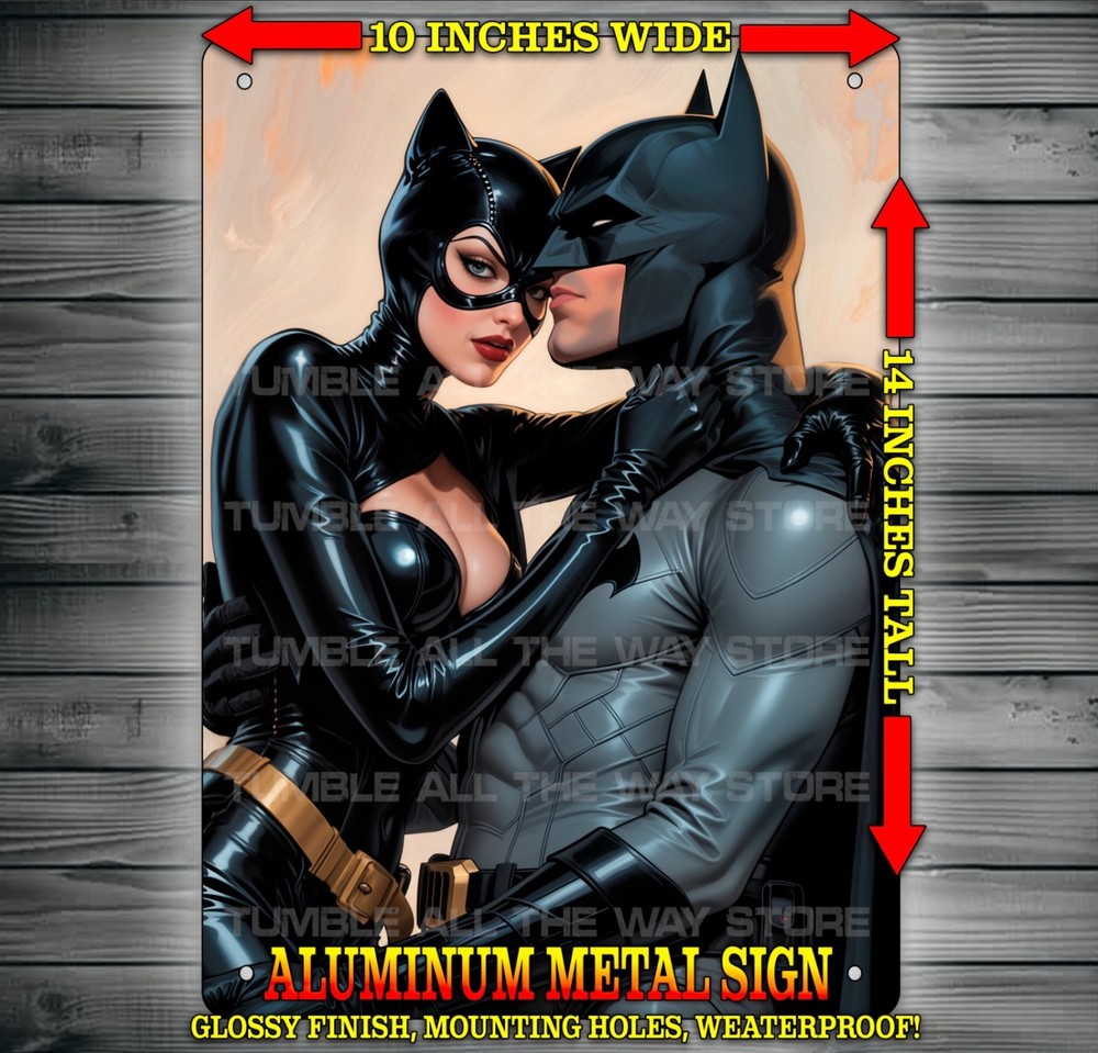 Batman and Catwoman Lovers Comic Book Style Metal Sign Wall Art 10″ x 14″